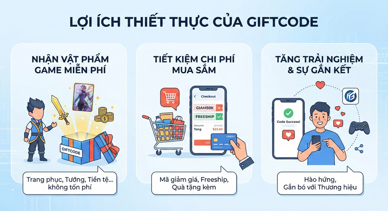 Giftcode mang lại nhiều lợi ích như vật phẩm game miễn phí và tiết kiệm chi phí mua sắm Giftcode mang lại nhiều lợi ích như vật phẩm game miễn phí và tiết kiệm chi phí mua sắm