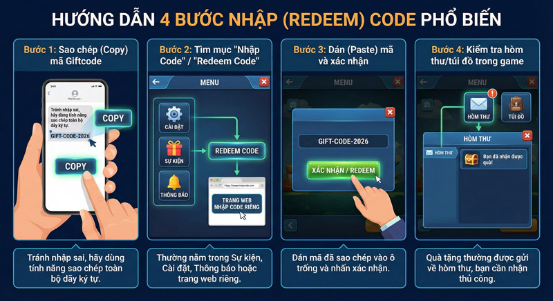 Nhập mã giftcode vào ô redeem trong game để nhận thưởng và kiểm tra hòm thư Nhập mã giftcode vào ô redeem trong game để nhận thưởng và kiểm tra hòm thư