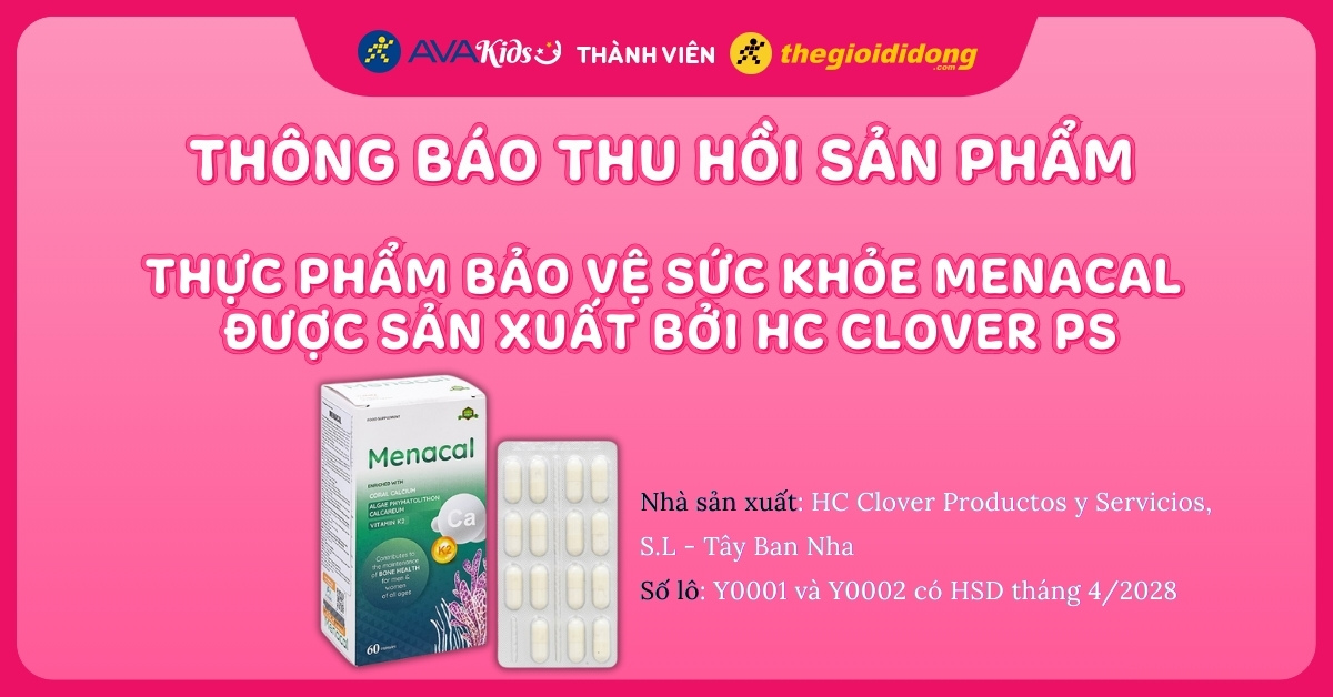 Thông báo thu hồi sản phẩm Menacal