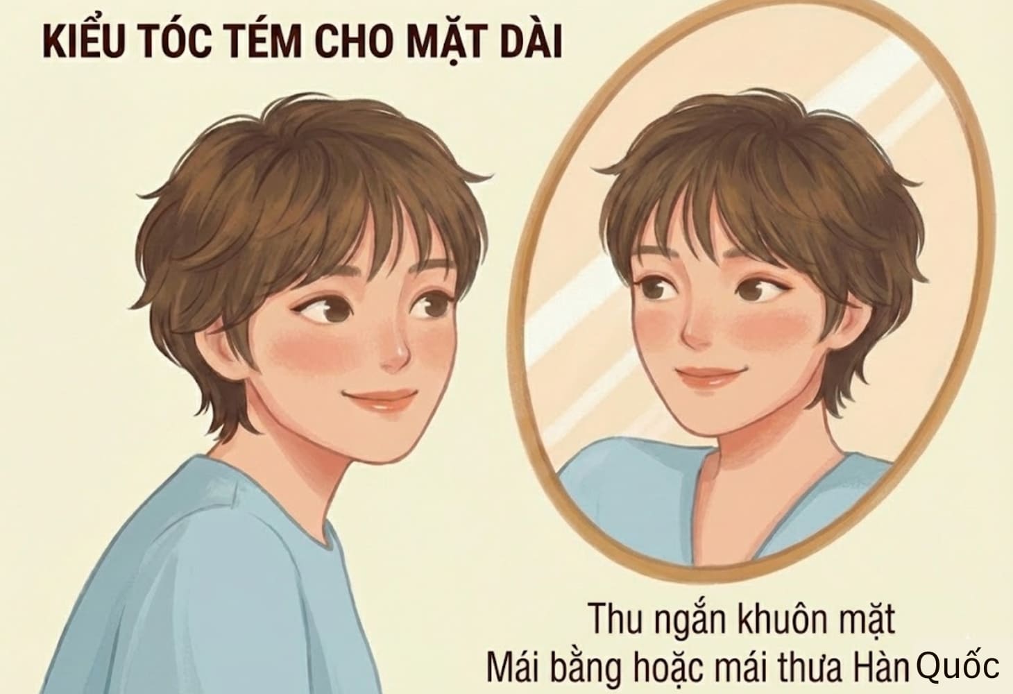 Khuôn mặt dài thích hợp với kiểu tóc tém mái bằng