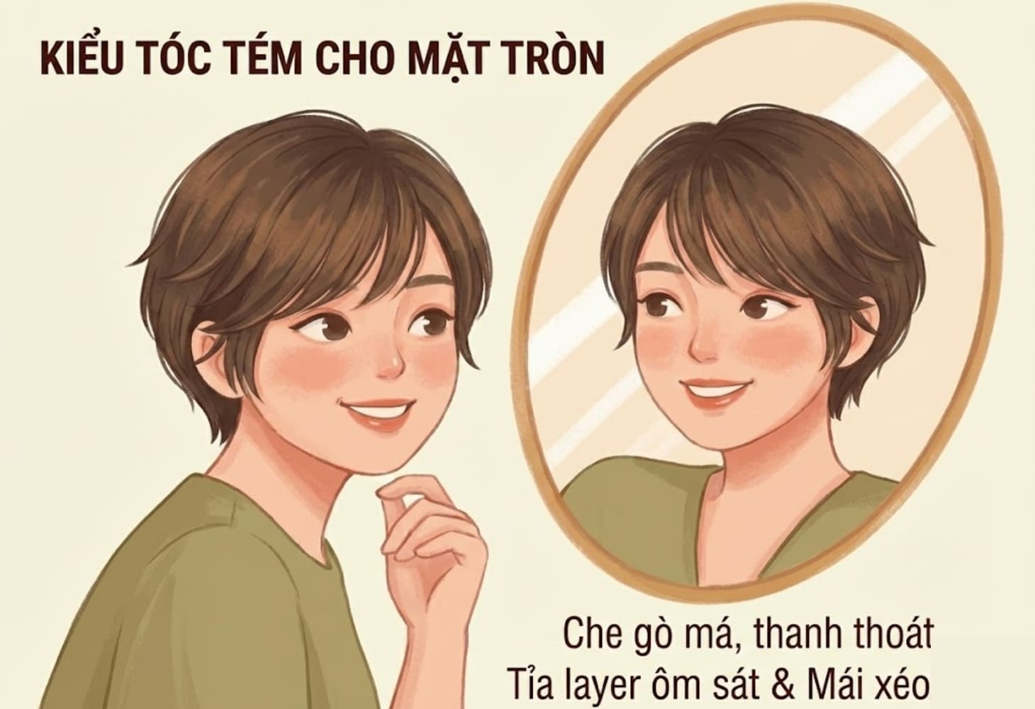 Mặt tròn thích hợp với kiểu tóc tỉa layer ôm sát khuôn mặt với mái xéo