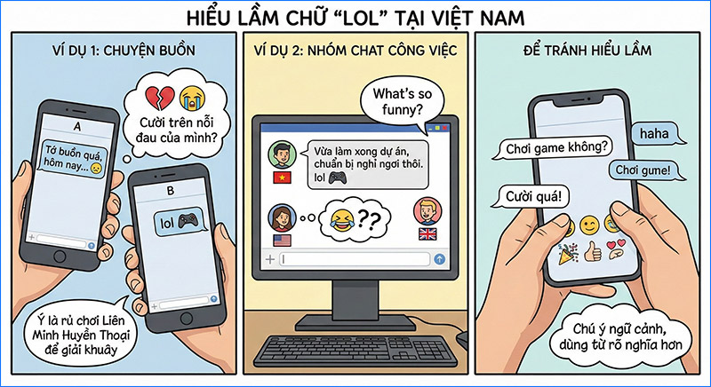 LOL có thể gây hiểu lầm nếu thiếu ngữ cảnh, nhất là khi nhầm giữa game Liên Minh và ý nghĩa cười lớn trong trò chuyện