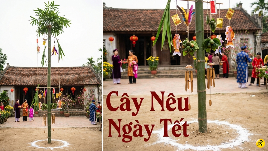 C&acirc;y n&ecirc;u l&agrave; một th&acirc;n c&acirc;y tre cao được dựng trước s&acirc;n nh&agrave;