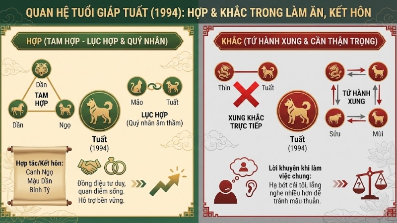 Tuổi hợp với Gi&aacute;p Tuất: Ngọ (Ngựa), Dần (Hổ), M&atilde;o (M&egrave;o)