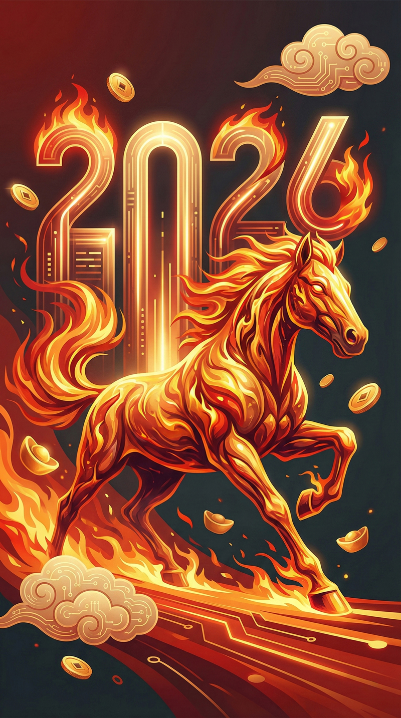 Hình nền năm Bính Ngọ 2026 với hình ảnh ngựa tượng trưng bứt phá mạnh mẽ, mã đáo thành công, sự nghiệp thăng hoa