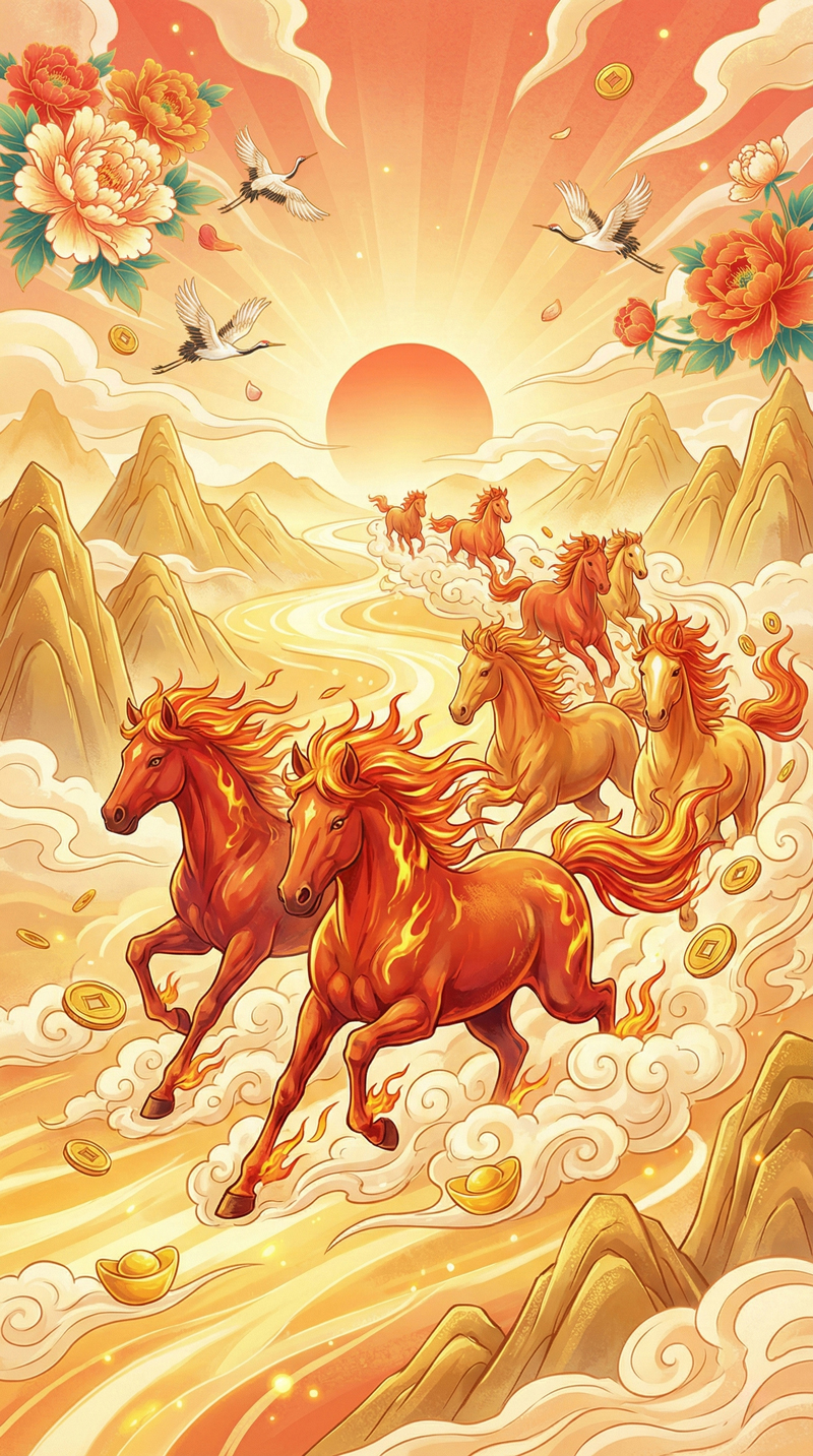 Hình nền năm Bính Ngọ 2026 với hình ảnh ngựa tượng trưng bứt phá mạnh mẽ, mã đáo thành công, sự nghiệp thăng hoa