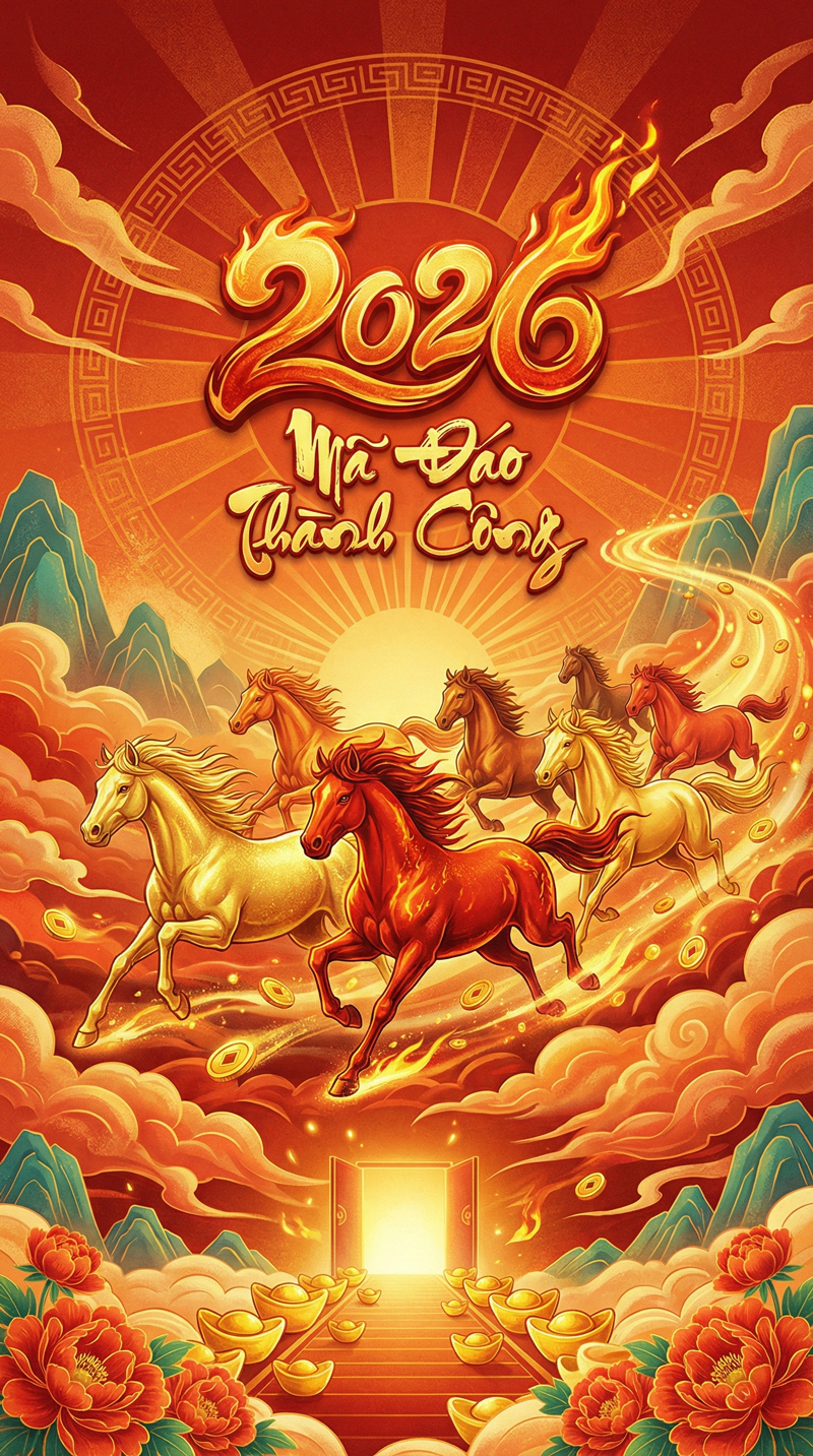 Hình nền năm Bính Ngọ 2026 với hình ảnh ngựa tượng trưng bứt phá mạnh mẽ, mã đáo thành công, sự nghiệp thăng hoa