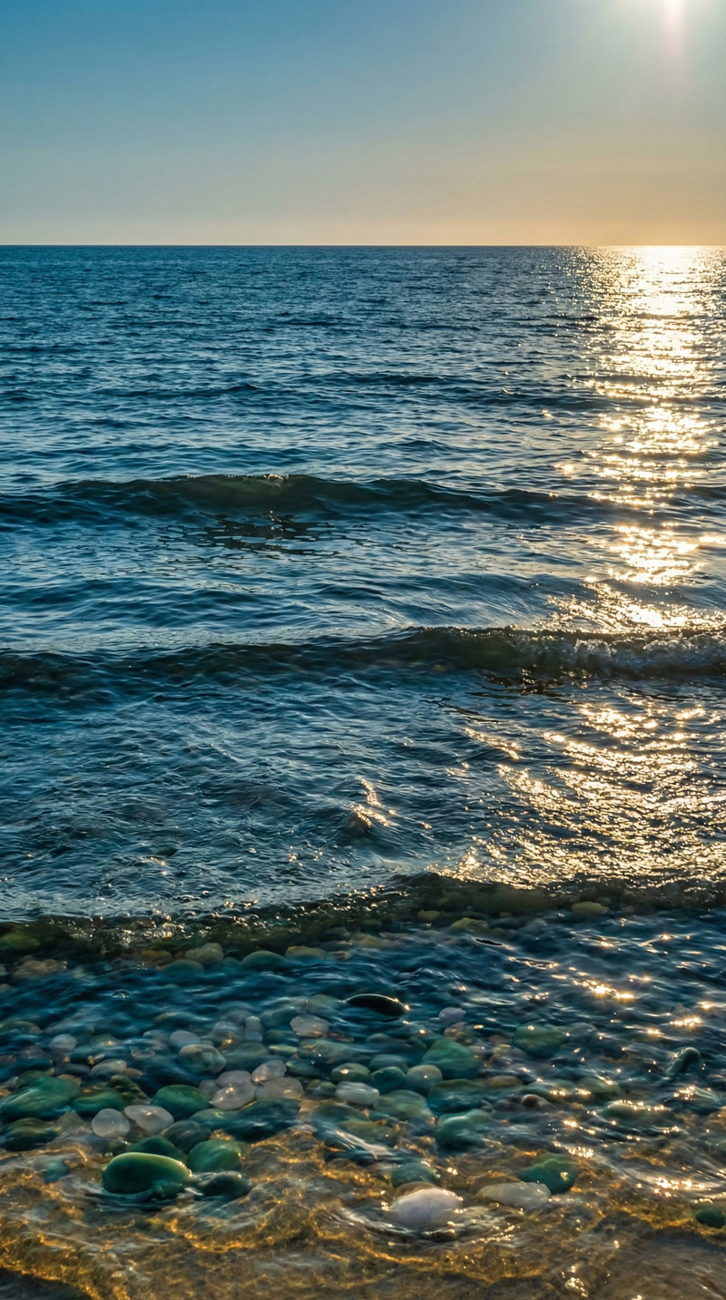 Hình nền mệnh Thủy với thác nước, biển xanh tượng trưng dòng chảy tài lộc, mang lại sự thư thái và hanh thông