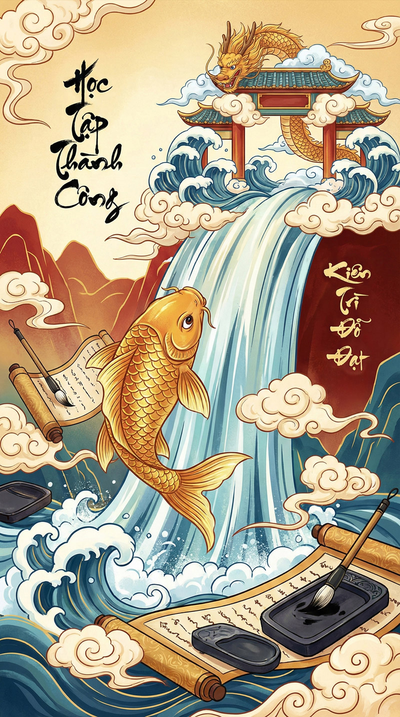 Hình nền cá chép vượt vũ môn, cỏ bốn lá mang ý nghĩa nỗ lực, may mắn và đạt kết quả cao trong học tập