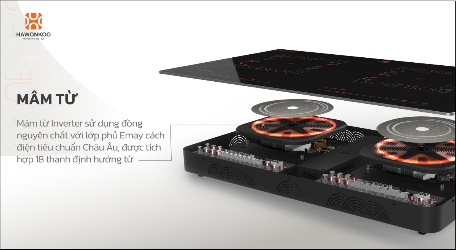 Bếp từ đôi Hawonkoo CEH-288 sử dụng mâm từ bằng đồng nguyên chất, cho khả năng dẫn từ ổn định