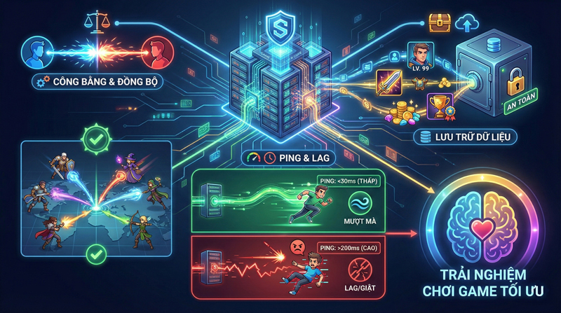 Server game quyết định ping, độ mượt, tính công bằng và việc lưu trữ dữ liệu, ảnh hưởng trực tiếp trải nghiệm chơi