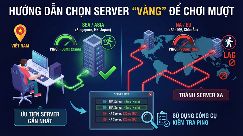 Chọn server gần vị trí địa lý, ưu tiên SEA/ASIA và kiểm tra ping giúp game mượt, giảm lag hiệu quả