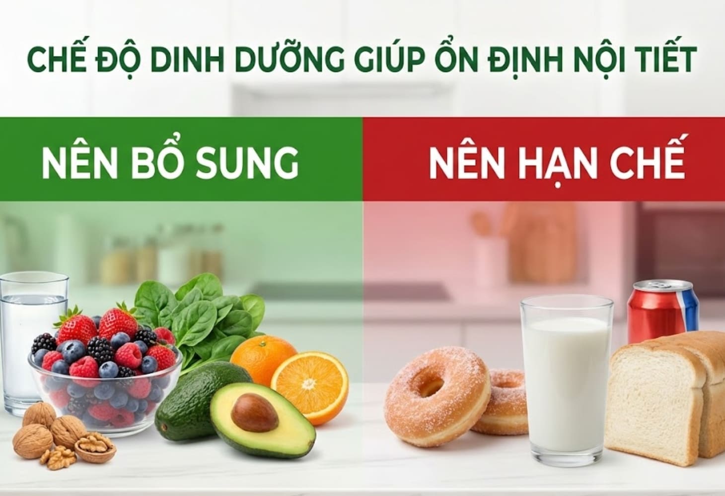 Nên bổ sung các thực phẩm giàu Vitamin C, E từ rau xanh và trái cây tươi.