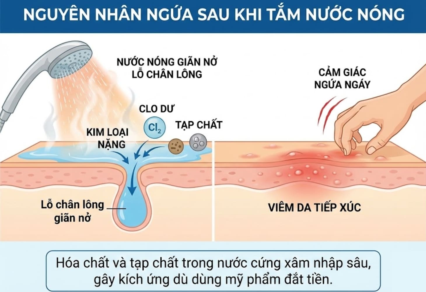 Nguồn nước cứng chứa nhiều kim loại nặng khiến da bị viêm sau khi tắm nước nóng