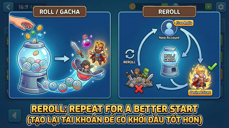 Reroll là thuật ngữ quen thuộc trong cộng đồng game gacha để chỉ việc tạo lại tài khoản nhiều lần Reroll là thuật ngữ quen thuộc trong cộng đồng game gacha để chỉ việc tạo lại tài khoản nhiều lần