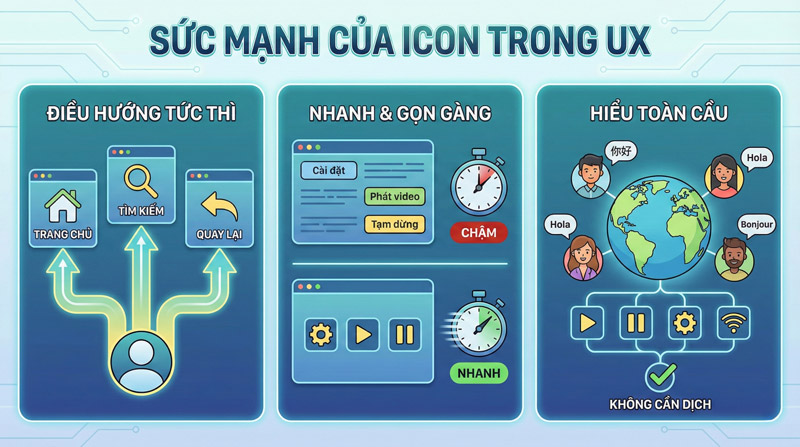Icon giúp điều hướng nhanh, tiết kiệm không gian và vượt rào cản ngôn ngữ trong trải nghiệm người dùng