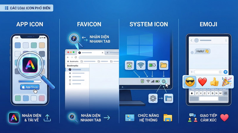 Các loại icon phổ biến gồm app icon, favicon, system icon và emoji, giúp nhận diện và tăng trải nghiệm người dùng