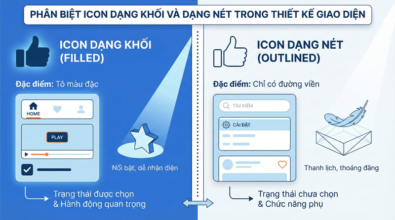 Phân biệt icon dạng khối (Filled) và dạng nét (Outlined) trong thiết kế giao diện