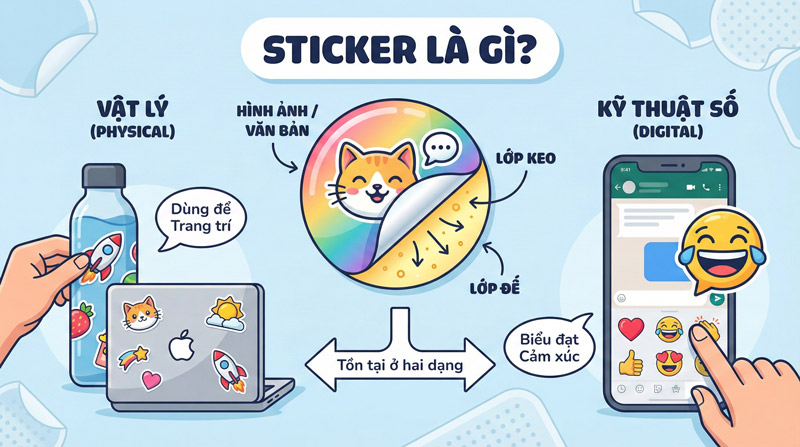 Sticker là một loại nhãn dán có hình ảnh hoặc văn bản dùng để trang trí hoặc biểu đạt cảm xúc
