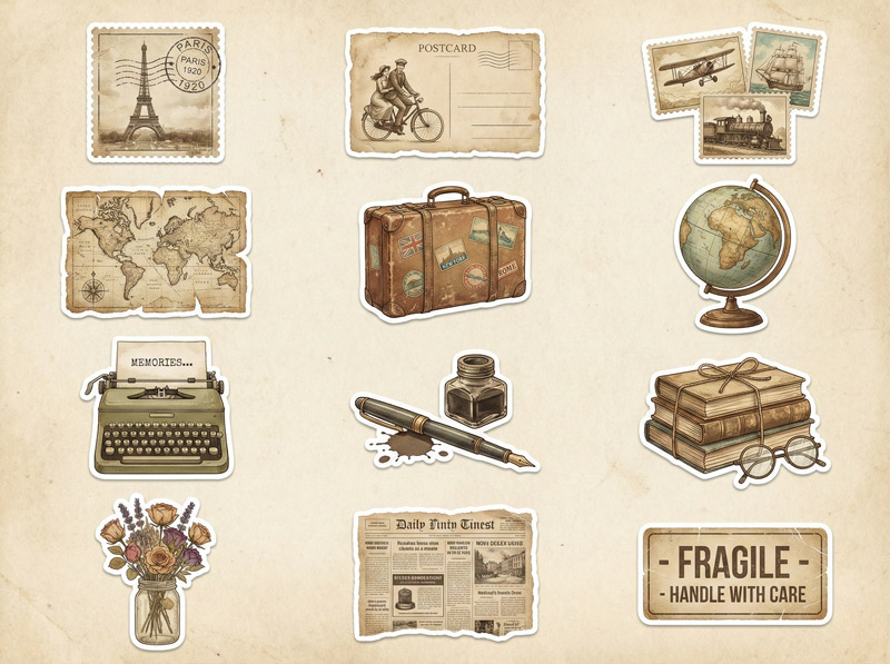 Sticker vintage hoài niệm, tông màu trầm, lý tưởng cho sổ tay và decor retro