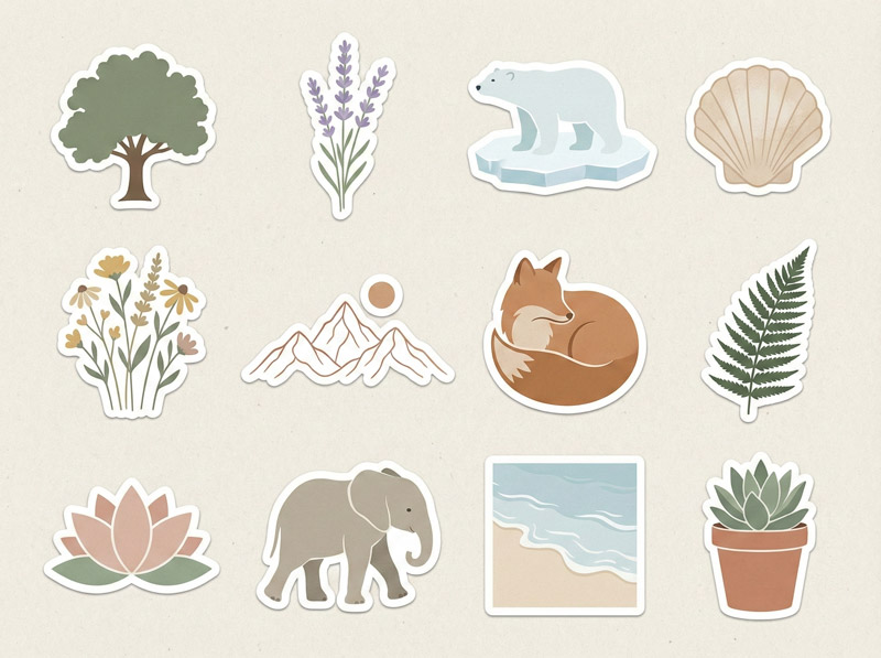 Sticker thiên nhiên nhẹ nhàng, gần gũi, hợp phong cách sống xanh và tối giản