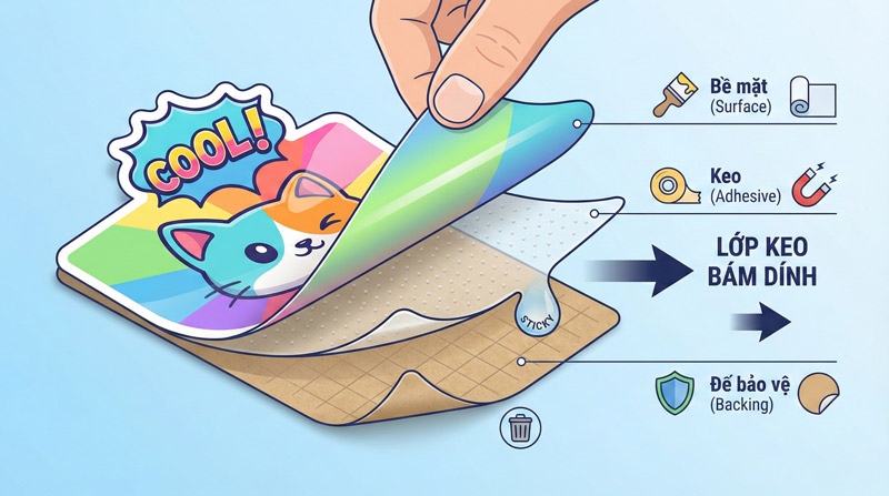 Sticker gồm 3 lớp chính: bề mặt in hình, lớp keo bám dính và lớp đế bảo vệ