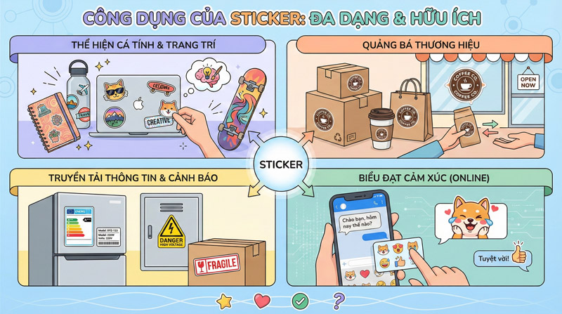 Sticker giúp trang trí, thể hiện cá tính, quảng bá thương hiệu và truyền tải thông tin
