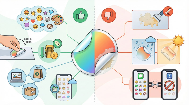 Sticker đa dạng, dễ dùng, chi phí thấp nhưng có thể bong tróc hoặc để lại keo