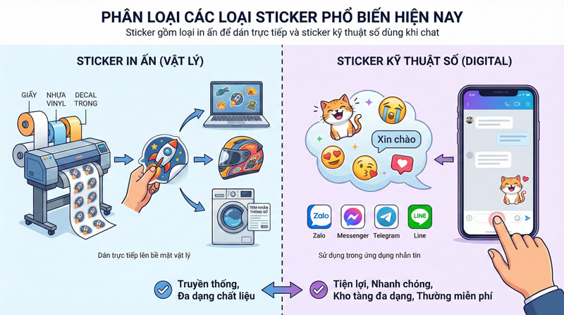Sticker gồm loại in ấn để dán trực tiếp và sticker kỹ thuật số dùng khi chat