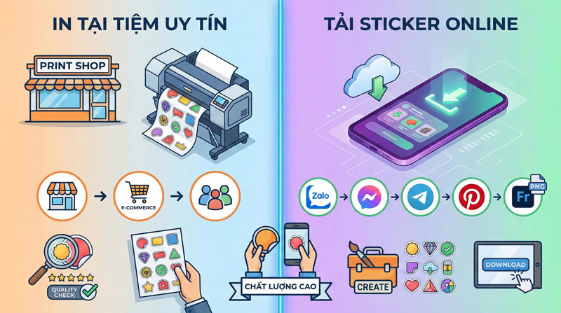 Có thể in tại tiệm uy tín hoặc tải sticker online từ kho ứng dụng, website thiết kế
