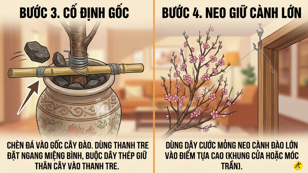 Ch&egrave;n thật chặt gốc đ&agrave;o bằng đ&aacute;