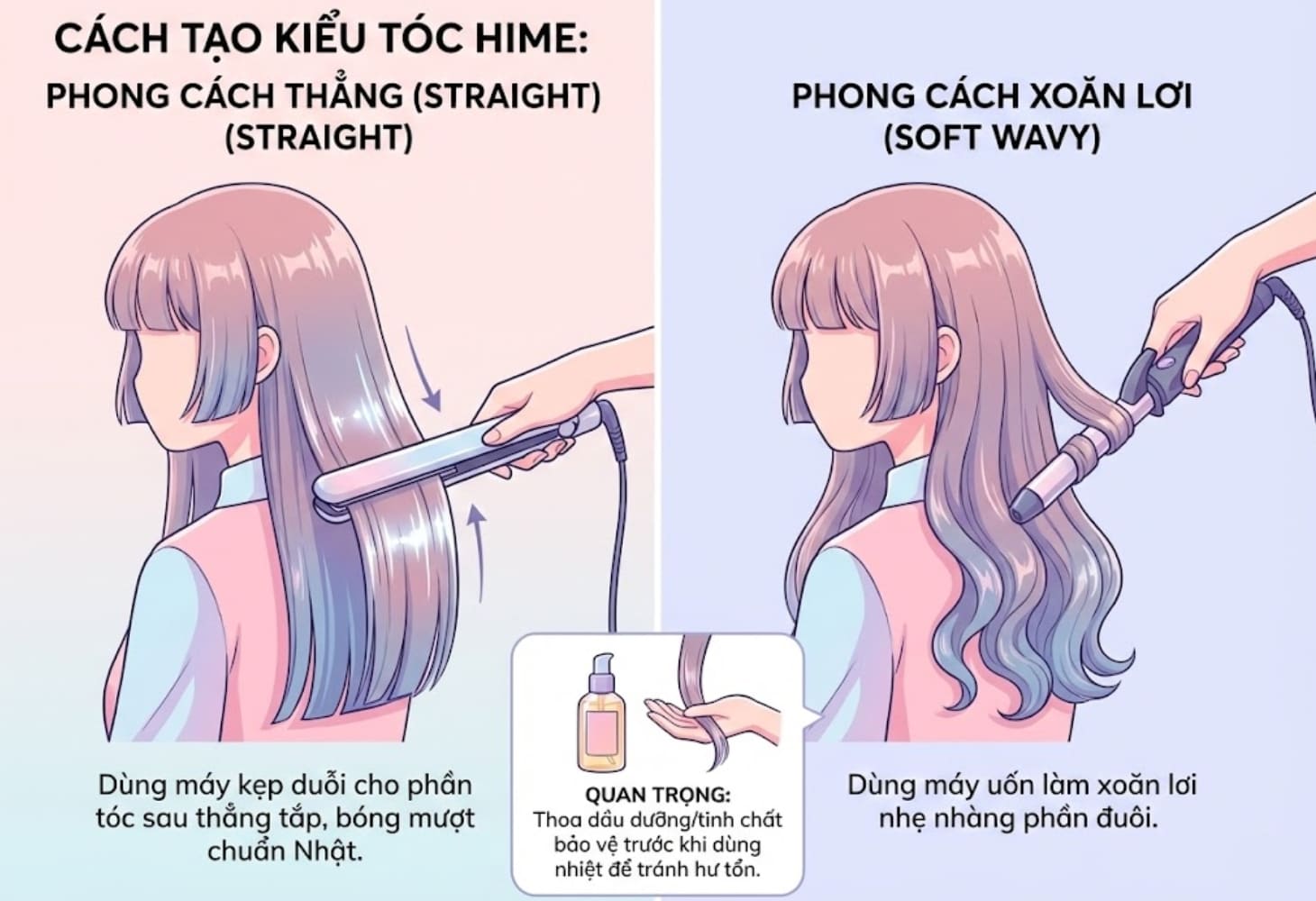 Có thể tạo kiểu tóc hime uốn cong và hoặc duỗi thẳng Có thể tạo kiểu tóc hime uốn cong và hoặc duỗi thẳng