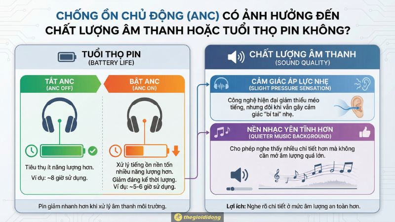 Tính năng chống ồn có ảnh hưởng tới chất âm hoặc pin của tai nghe không?