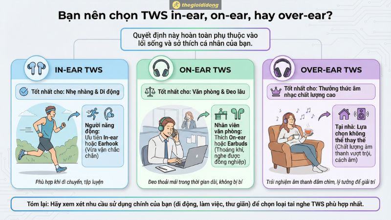 Nên chọn in‑ear, on‑ear hay over‑ear / TWS?
