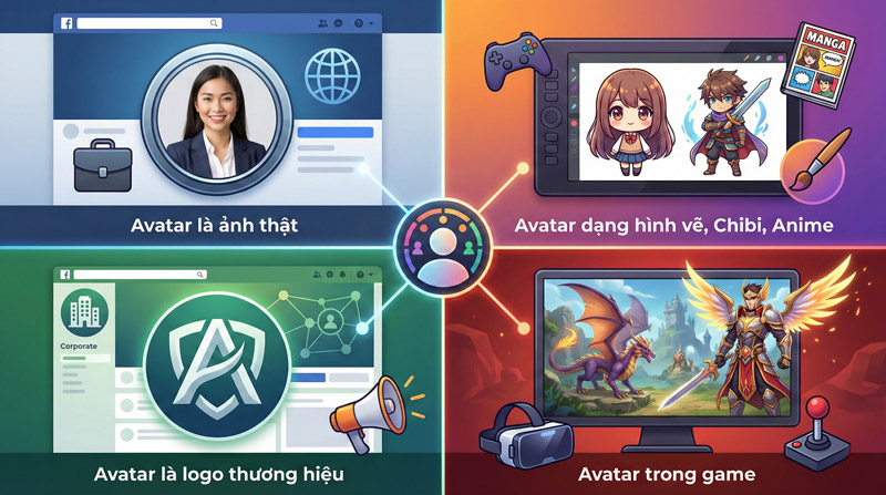 Các loại avatar phổ biến: ảnh thật, hình vẽ anime và logo thương hiệu