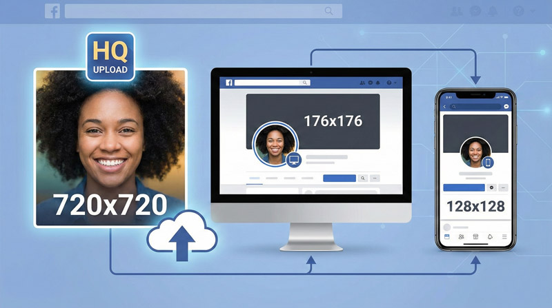 Facebook hiển thị avatar 176x176px trên máy tính, 128x128px trên điện thoại và nên tải tối thiểu 720x720px để luôn sắc nét