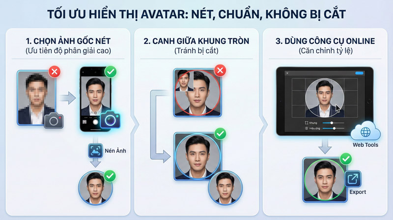 Chọn ảnh độ phân giải cao, canh chủ thể vào giữa khung vuông và dùng công cụ online để tránh avatar bị cắt xén, mờ hoặc vỡ nét