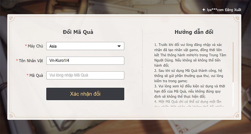 Kiểm tra lại server và nhân vật hiển thị sẵn. Nếu không đúng bạn có thể chuyển đúng server bạn muốn nhận code. Kiểm tra lại server và nhân vật hiển thị sẵn. Nếu không đúng bạn có thể chuyển đúng server bạn muốn nhận code.