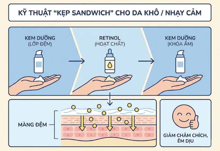 Sử dụng phương pháp kẹp sandwich để giảm tác dụng phụ của Retinol lên làn da