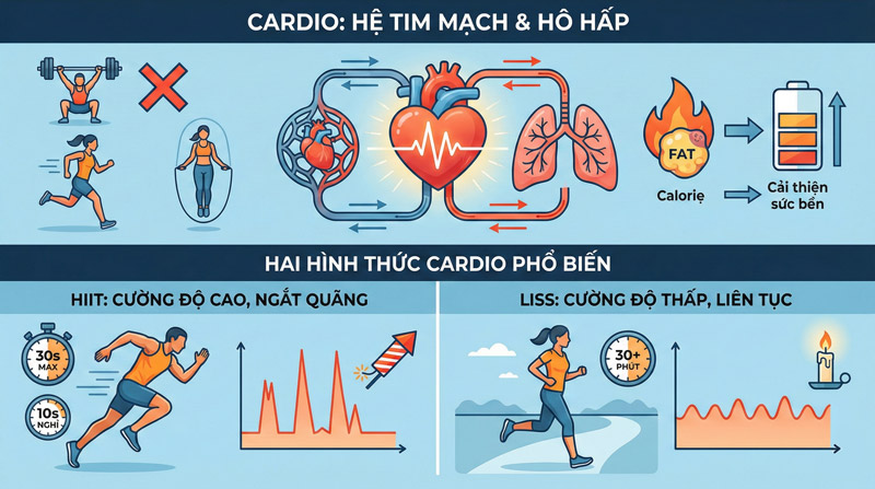 Cardio giúp tăng nhịp tim, đốt mỡ hiệu quả; gồm HIIT cường độ cao và LISS nhẹ nhàng bền bỉ