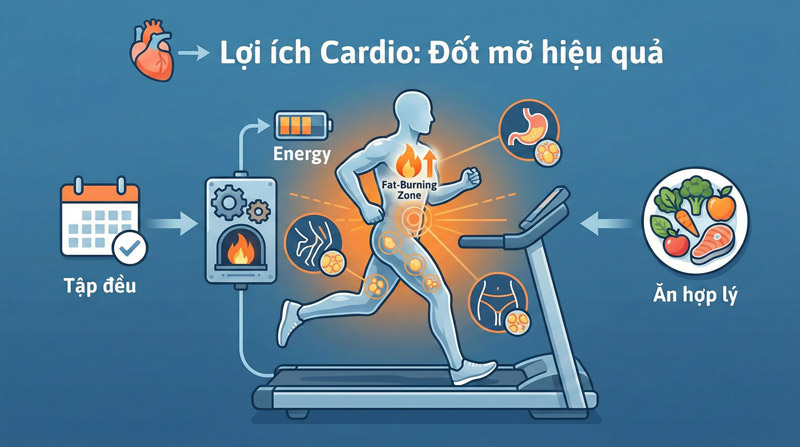 Cardio giúp đốt mỡ hiệu quả, giảm mỡ bụng, đùi, hông khi tập đều và ăn uống hợp lý