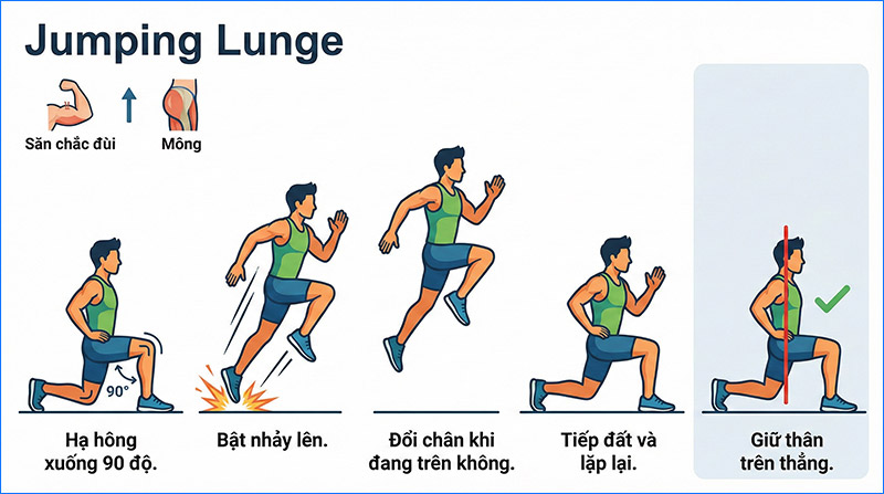 Jumping Lunge là động tác lunge kết hợp bật đổi chân trên không giúp săn chắc đùi và mông