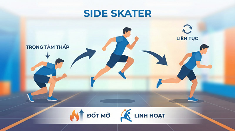 Side Skater là bài nhảy ngang đổi bên liên tục giúp tăng hiệu quả đốt mỡ và cải thiện linh hoạt