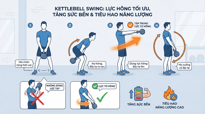 Kettlebell Swing sử dụng lực hông để đẩy tạ giúp tăng sức bền và tiêu hao năng lượng cao