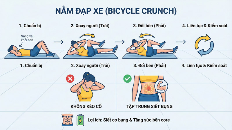 Bicycle Crunch là bài nằm đạp xe xoay người giúp siết cơ bụng và tăng sức bền vùng core