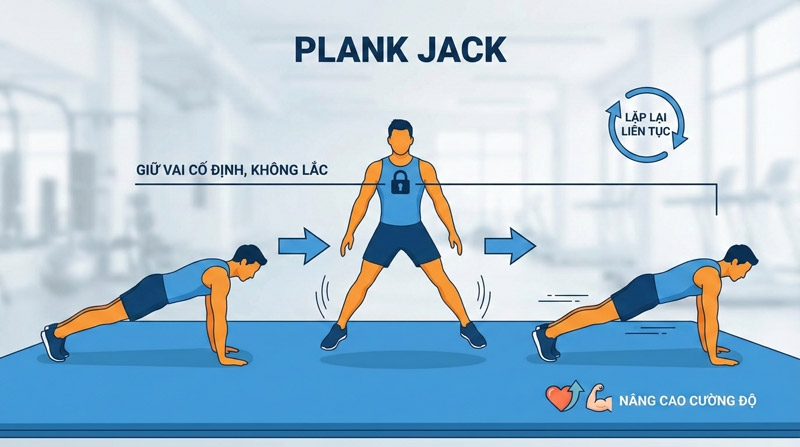 Plank Jack là bài plank kết hợp bật nhảy dang chân giúp nâng cao cường độ tập luyện