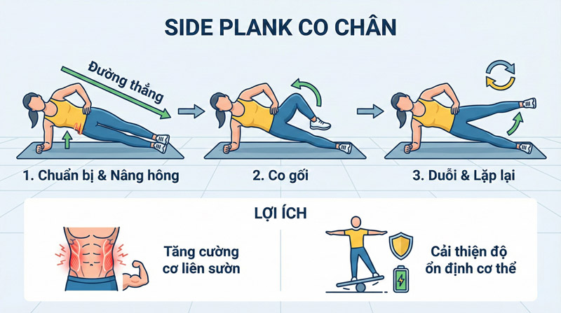 Side Plank co chân giúp tăng cường cơ liên sườn và cải thiện độ ổn định cơ thể