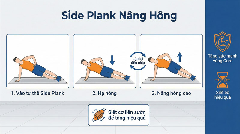 Side Plank nâng hông là động tác giúp siết eo và tăng sức mạnh vùng core hiệu quả