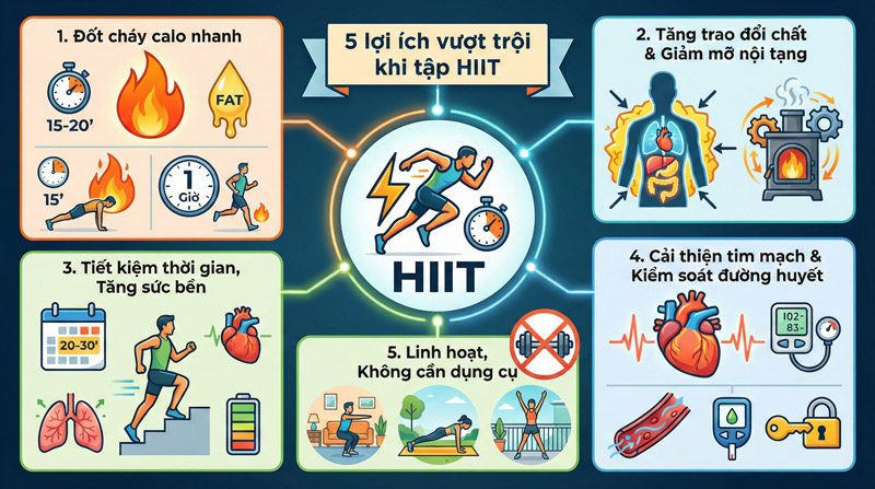 HIIT giúp đốt mỡ nhanh, tăng trao đổi chất, tiết kiệm thời gian và cải thiện tim mạch hiệu quả