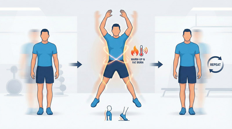 Jumping Jack là bài bật nhảy dang tay chân nhịp nhàng giúp làm nóng toàn thân và đốt mỡ nhanh chóng